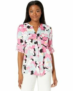 Calvin Klein Shirts & Tops Printed Crew Neck Blouse w/ Roll Sleeves