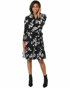Calvin Klein Dresses Long Sleeve Ruffle Dress with Tie