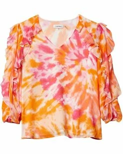 Calvin Klein Shirts & Tops Printed V-Neck Blouse w/ Double Ruffle Sleeve