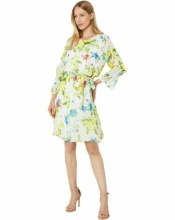 Calvin Klein Dresses Printed Long Sleeve Dress with Ruffles and Belt