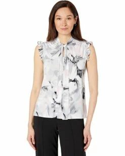 Calvin Klein Shirts & Tops Floral Ruffle Cap Sleeve Tie Neck