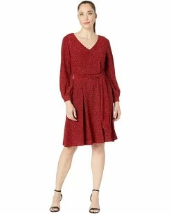 Calvin Klein Dresses Glitter Jersey Belted Dress with V-Neck
