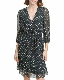 Calvin Klein Dresses Embroidered Dot Long Sleeve Top with Ruffle Hem
