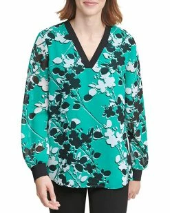 Calvin Klein Shirts & Tops Printed V-Neck Blouse with Trim